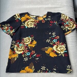 Lace & Mesh Floral Navy Blouse with Yellow and Red Accents
